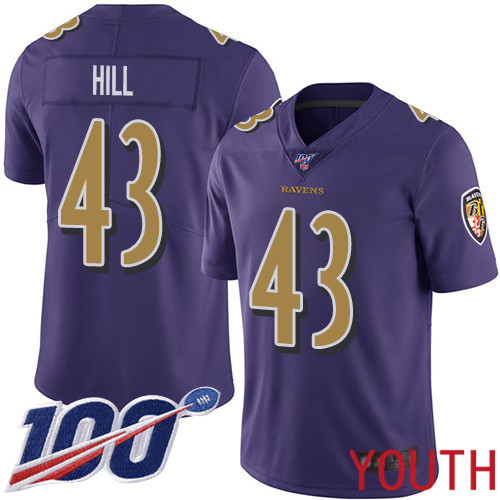 Baltimore Ravens Limited Purple Youth Justice Hill Jersey NFL Football #43 100th Season Rush Vapor Untouchable->youth nfl jersey->Youth Jersey